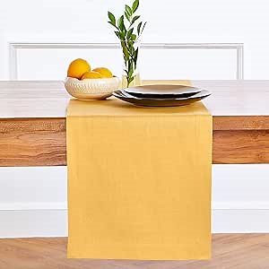 Solino Home Linen Mustard Yellow Table Runner 60 Inches - 100% Pure Linen Farmhouse Short Table Runner 14 x 60 Inch Ideal for Dresser and Coffee Tables, Spring, Easter, Mothers Day - Fete