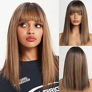 Short Bob Wigs for Women,Brown Highlight Bob Wig with Bangs,Yaki Straight Shoulder Length Synthetic Wig for Daily Use 14IN