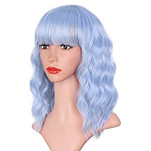 Amazon.com : ENTRANCED STYLES Light Blue Wig with Bangs, Short Wavy Bob Wig for Women Colorful Wigs Shoulder Length Heat Resistant Synthetic Wig Cosplay Party Christmas Wig for Girl 14 inch : Beauty & Personal Care