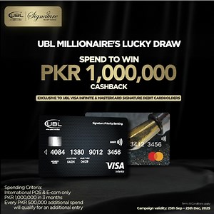 Experience a new class of rewards. Spend internationally with your VISA Infinite or Mastercard Signature Debit Card and stand a chance to win PKR 1,000,000 cashback through a lucky draw. Spending Criteria: - Eligible on International POS and E-commerce transactions only - Minimum spend of PKR 1,000,000 within 3 months of the campaign duration - Every additional PKR 500,000 spent internationally earns one extra entry Campaign validity: 25th September – 25th December, 2025 Terms and conditions app