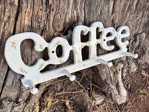 Vintage Wooden Coffee Mug Rack - Shabby Chic Wall Organizer - White Painted COFFEE Sign With Roses - Rustic Farmhouse Kitchen Decor - Etsy Australia