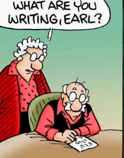 The image is a comic strip featuring two older adults, Earl and an unnamed woman, in a humorous exchange about lists. - The comic strip consists of four panels. - Panel 1: The woman asks Earl what he is writing, and he is seated at a table with a piece of paper. - Earl is wearing a red shirt with black dots and a black vest. - The woman is standing behind him, wearing a red jacket over a red shirt with black dots. - Panel 2: Earl responds that he is crossing off items on his list. - Earl is show