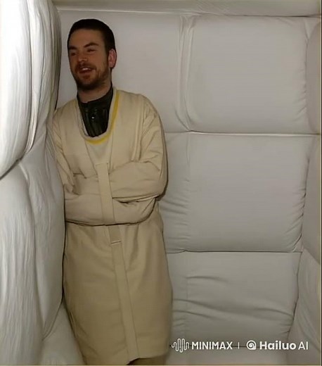 Young man wearing a straitjacket in a padded cell #straitjacket