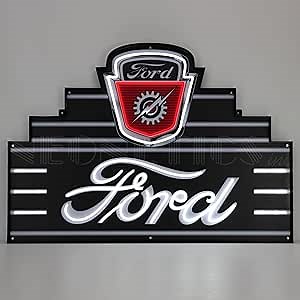 Art Deco Marquee Ford Led Flex-Neon Sign In Steel Can by Neonetics, officially licensed OLP by Ford Motor Company, bright red and white lighted tubes, measures 39 in wide by 28 in tall - sku 29ADFRD