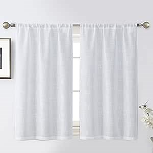 Home Queen White Sheer Burlap Linen Cafe Curtains, Semi Sheer Drapes for Kitchen Window Over Sink, 45 Inch Length 2 Pack
