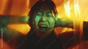 Young emotionally unstable woman covering her ears and shouting with eyes squeezed in dark studio with plastic wrap curtains and colorful illumination. Zoom away
