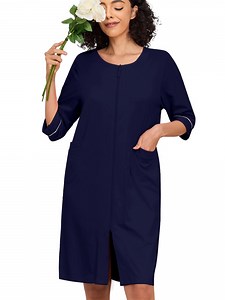 MAYFISH Women 100% Cotton Robe Summer Short Sleeve Zip Front Robes Soft Knit Lightweight Bathrobe 1Piece(Navy Blue,L)