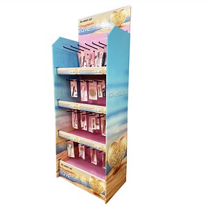 [Hot Item] Cosmetics Store Fsdu Paper Food Floor Stands Promotioal Cardboard Retail Display Shelf with Hanging Hooks