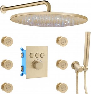 [Hot Item] Shower System 12 Inch Wall Mounted LED Round Rain Shower Head with Handheld and Full Body Spray Jets, Thermostatic Control Valve, Shower Faucet Set Combination