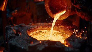 Molten Metal Pouring into a Crucible. this Video Shows a Worker Pouring Molten Metal from a Ladle into a Crucible Stock Photo - Image of scene, foundry: 416361044