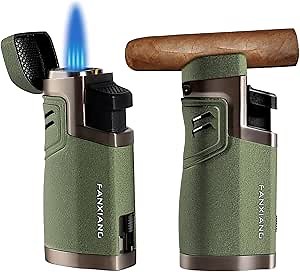 Torch Lighter Cigar Lighter Quadruple Flame Butane Refillable Lighter with Cigar Holder, Cigar Punch Built in, 2 Pack (Gas Not Included) (Deep Green)
