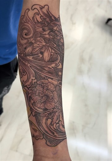 Baroque Forearm Tattoo Design with Rylee's Flowers