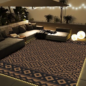 SIXHOME Outdoor Rug with LED Strip Light 9'x12' Waterproof Reversible Patio Rug Modern Lightweight Plastic Straw Indoor Outdoor Rug for RV Camping Deck Balcony Porch Boho Patio Decor Black and Brown