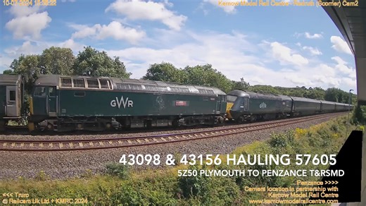 29K views · 337 reactions | Redruth Riviera Rescue Failed GWR #NightRiviera set, headed by #Class57 57605 'Totnes Castle', rescued by #HST castle set 43098 'Walton Castle' / GW07 / 43156 'Maen Castle' heads back to base as 5Z50 from #Plymouth #Redruth Kernow Model Rail Centre | Railcam | Facebook