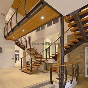 [Hot Item] Interior Modern Solid Wood Step Staircase Mono Stringer Stairs Mono Stringer Steel Handrail Indoor Straight Staircase
