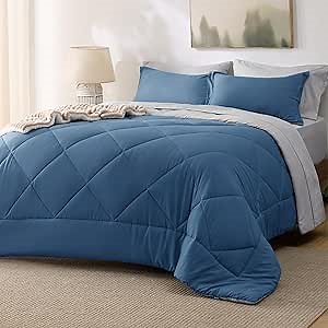 Bedsure California King Comforter Set - 7 Pieces Reversible Slate Blue Bedding, California King Size Bed Set for All Seasons, Bed in a Bag with Down Alternative Comforter, Sheets, Pillowcases & Shams