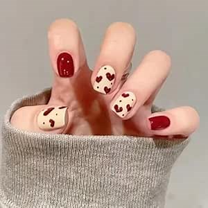 Romantic Valentines Press on Nails Short Square Fake Nails Red Love Heart Glue on Nail Glossy Valentines Acrylic Stick on Nail for Women DIY Manicure