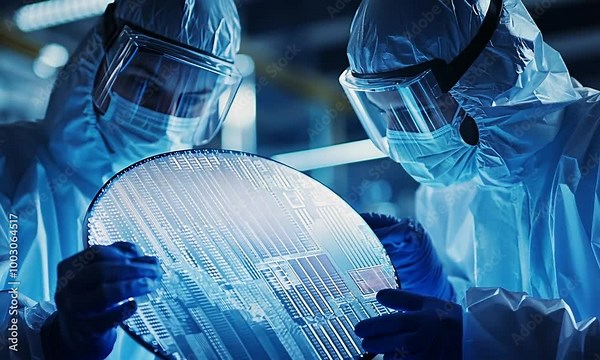 Scientists examining a semiconductor wafer in a cleanroom environment.