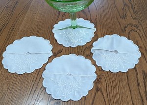 Vintage Linen Embroidered Coasters for Wine or Cocktail Glass - Set of 4