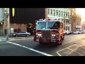 FDNY KME ENGINE 46 AND FDNY LADDER 27 RESPONDING IN THE TREMONT AREA OF THE BRONX IN NEW YORK CITY.