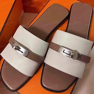 Save Big on Bulk Designer Slide Sandals Womens Women's Leather Slides: Designer Flat Sandals With Metal Decor   Stylish Beach & Outdoor Mules | Best Deals on DHgate