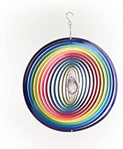 Alpine Corporation 12" Round Outdoor Hanging Rainbow Metal Planet Wind Spinner with Clear Glass Ball