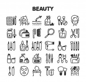 Beauty Related Hand Drawn Vector Doodle Icon Set