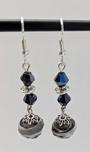 Handmade Lampwork Swirl Bead Dangle Earrings, Iridescent Black Bicone Accents - Etsy