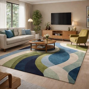 Tapis décoratif abstrait moderne bleu vert beige motif incurvé | moquette pour le salon et la chambre à coucher. - Etsy France