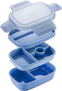 Stackable Bento Box Adult Lunch Box - 3 Layers All-in-One Lunch Containers with Multiple Compartments 55 oz Large Capacity, Built-in Utensil Set (Dark blue)