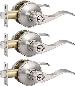 3 Pack Keyed Alike Entry Door Locks, Brushed Nickel Front Entry Door Handles with Lock and Keys, Exterior Entrance Locksets