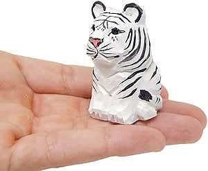 White Tiger Wooden Figurine - Miniature Albino Bengal Cat Statue, Snow Bleached Stripped Albino Art Cat. Wildlife Sculpture for Home Decor, Gifts & Collectors