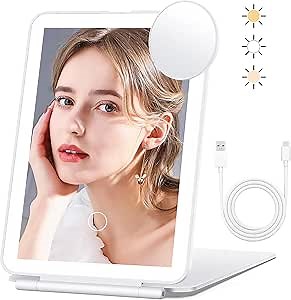 Folding Travel Makeup Mirror with Lights - Rechargeable 2000mah Makeup Mirror, 3 Color Light, Dimmable Touch Screen, 80 LED Mirror with Lights, Travel Essentials for Women (White)