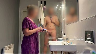 Three of us in the bathroom. He is jerking in shower front of my step Mom. Family use. Voyeur.