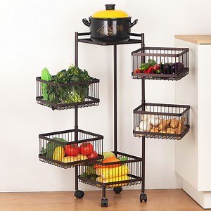 [Hot Item] Multipurpose Metal Fruit& Vegetable Storage Rack Rotating Kitchen Trolley Cart 5 Tier Kitchen Storage Standing Shelf with Wheels