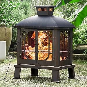 papababe PAPABABE 45" Fire Pit Pagoda, Wood Burning Chimney Firepit with Grill Grate Outside for Garden Backyard BBQ Bonfire