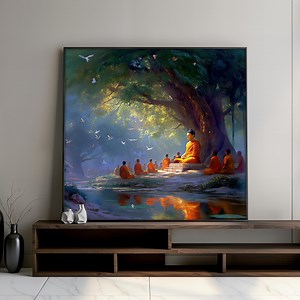 Buddha Teaching Under Bodhi Tree Canvas Print, Peaceful Monk Gathering Wall Art, Tranquil Spiritual Nature Scene, Stylish Art Decor Gift - Etsy