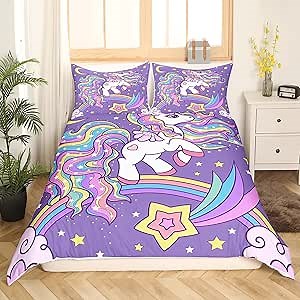 Unicorn Duvet Cover Full Size Unicorn Glitter Comforter Cover Girls Cute Unicorn Bedding Set Rainbow Bedding Set for Kids Girls Microfiber
