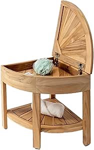Teak Shower Bench| Built-in Storage Compartment with Drainage| Corner Shower Stool| Nickel Plated Stainless Steel Soft Close Hinges - Water Resistant Teak Shower Organizer 18" (Natural)
