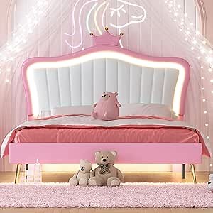 Classic Princess Bed Frame, PU Leather Upholstered Bed Queen with Crown Headboard and Adjustable LED Lights for Girls, Wood Slats, Gold Metal Legs No Box Spring Needed (Pink, Queen)