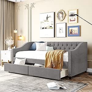 Harper & Bright Designs Twin Upholstered Daybed with Storage Drawers, Wood Slat Support, Gray