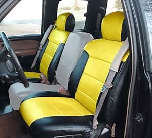 Iggee Artificial Leather Custom Made Original fit 2 Front seat Covers Designed for Chevy Silverado 2003-2006 (Black/Yellow)