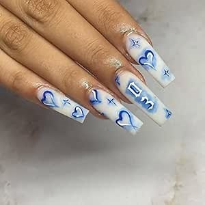 Press on Nail Long Square, 24PCS Coffin False Nails with Blue Heart Designs, Long Square Fake Nails Kit (Blue Heart)