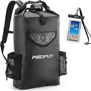 Piscifun Wrapper Dry Backpack with Waterproof Phone Case - Waterproof Floating Black Dry Bag 50L for Fishing, Kayaking, Boating, Swimming, Camping, Hiking