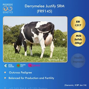 ✨Derrymelee Justify SRM (FR9145)✨✨ Justify is an exceptional outcross pedigree🐄 Balanced for fertility and production💪 Justify has an unbelievable health index👌 Avaialble to order Female sexed from Progressive Genetics‼ | Progressive Genetics