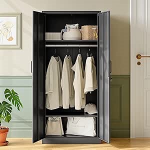 RAVIGIN Wardrobe Closet with Lock,72" H Metal Storage Cabinet with Closet Rod,Lockable Wardrobe Cabinet for Bedroom,Laundry Room,Home Office(Black)