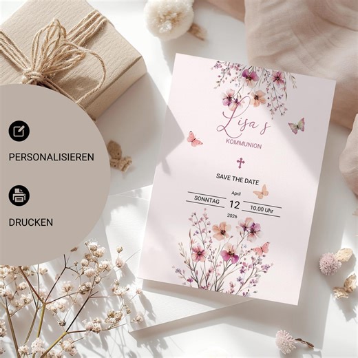 First Holy Communion Invitation | Folded Card DIN A5 | Customizable | Communion Invitation Card | Canva Template - Etsy