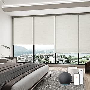 Easy to Install Motorized Blinds for Windows with Remote,60% Blackout Smart & Shades Compatible Alexa,Custom Size Electric Roller Home Office,Linen Beige