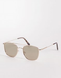 ASOS DESIGN metal  aviator sunglasses in gold frame with brown lens | ASOS