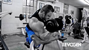 Alternating DB Preacher Curl 4 sets x 10-12 reps Justin starts this exercise with his elbow higher on the bench and finishes slightly bent over the bench with his elbow lower on the bench. He emphasizes the stretch as well as the contraction. Each movement is slow, controlled and purposeful. Preacher Hammer Curl w/Rope 3 sets x 8-10 reps (add static hold and partials to end each set) You will notice at the end of each set here Justin will do a static hold and then partials. The static hold durat